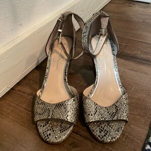 Size 8.5 Jessica Simpson snake pattern gold and silver wedges